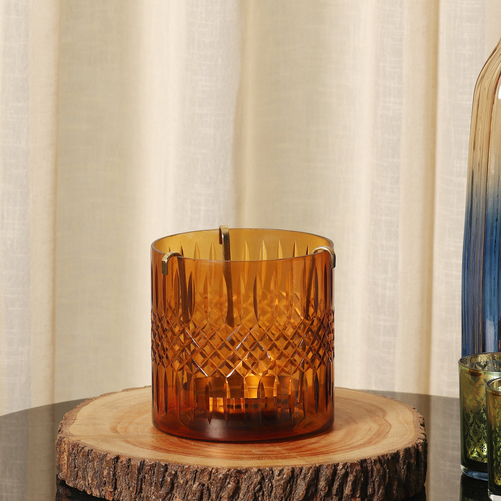 Brown Cut Glass Votive With Tea Light Hanger - Large