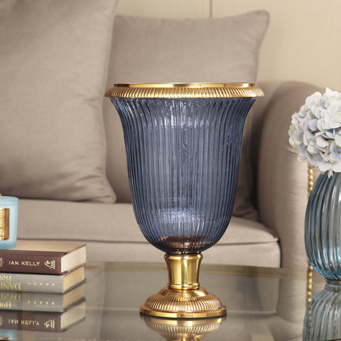Blue Ribbed Glass Hurricane - Large