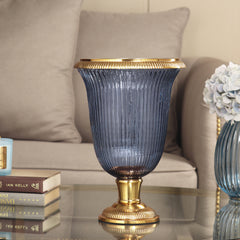 Blue Ribbed Glass Hurricane - Large