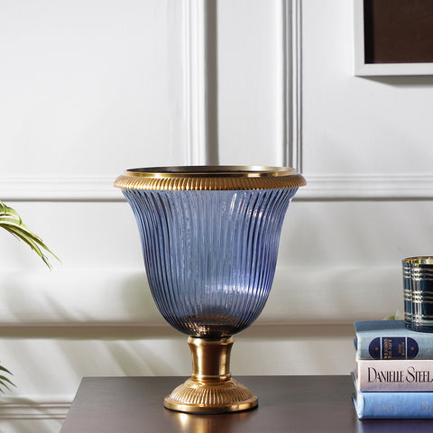 Blue Ribbed Glass Hurricane - Medium