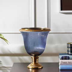 Blue Ribbed Glass Hurricane - Medium