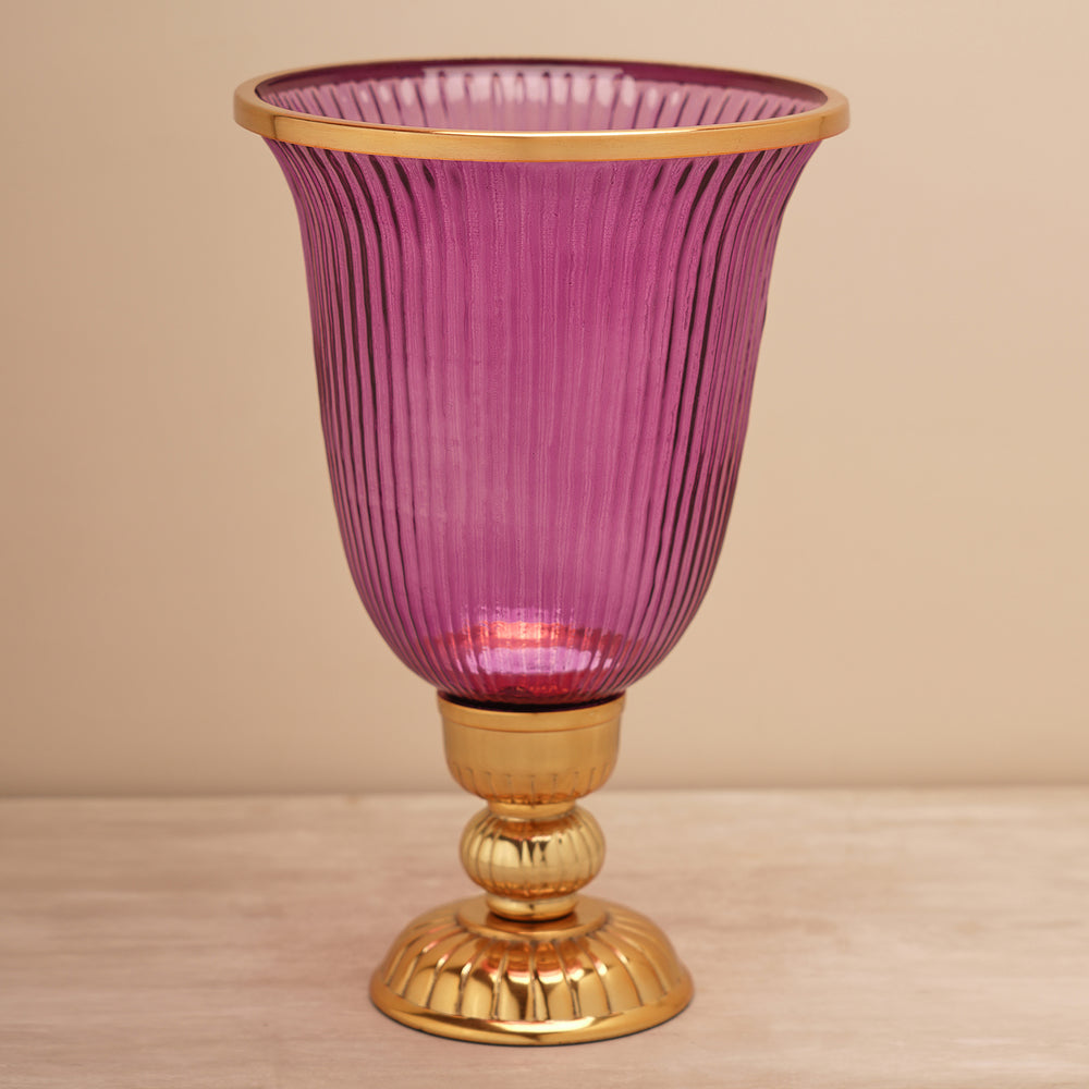 Purple Ribbed Glass Hurricane - Large