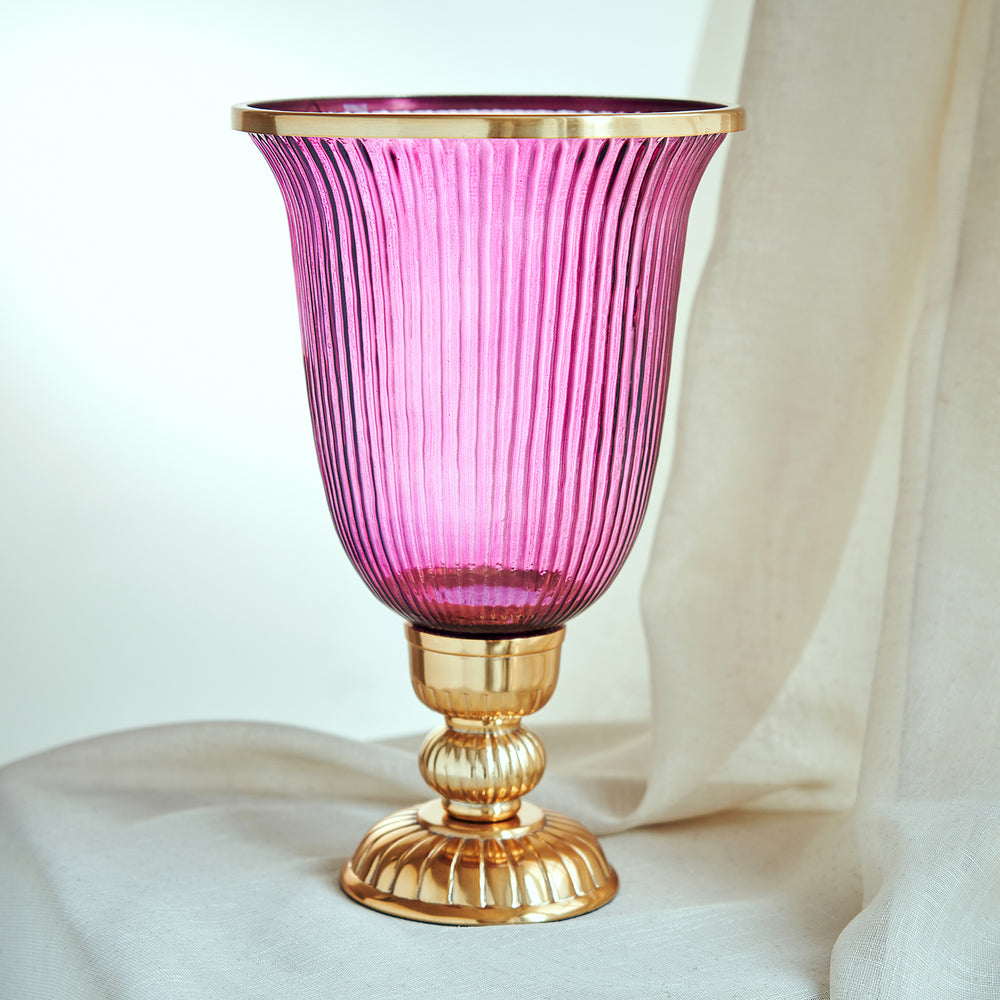 Purple Ribbed Glass Hurricane - Large
