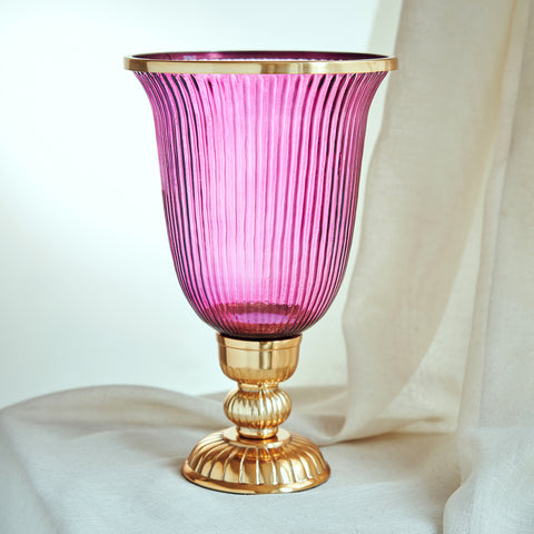 Purple Ribbed Glass Hurricane - Large