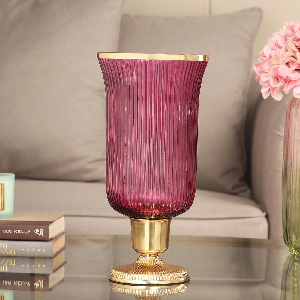 Purple Ribbed Glass Hurricane - Large