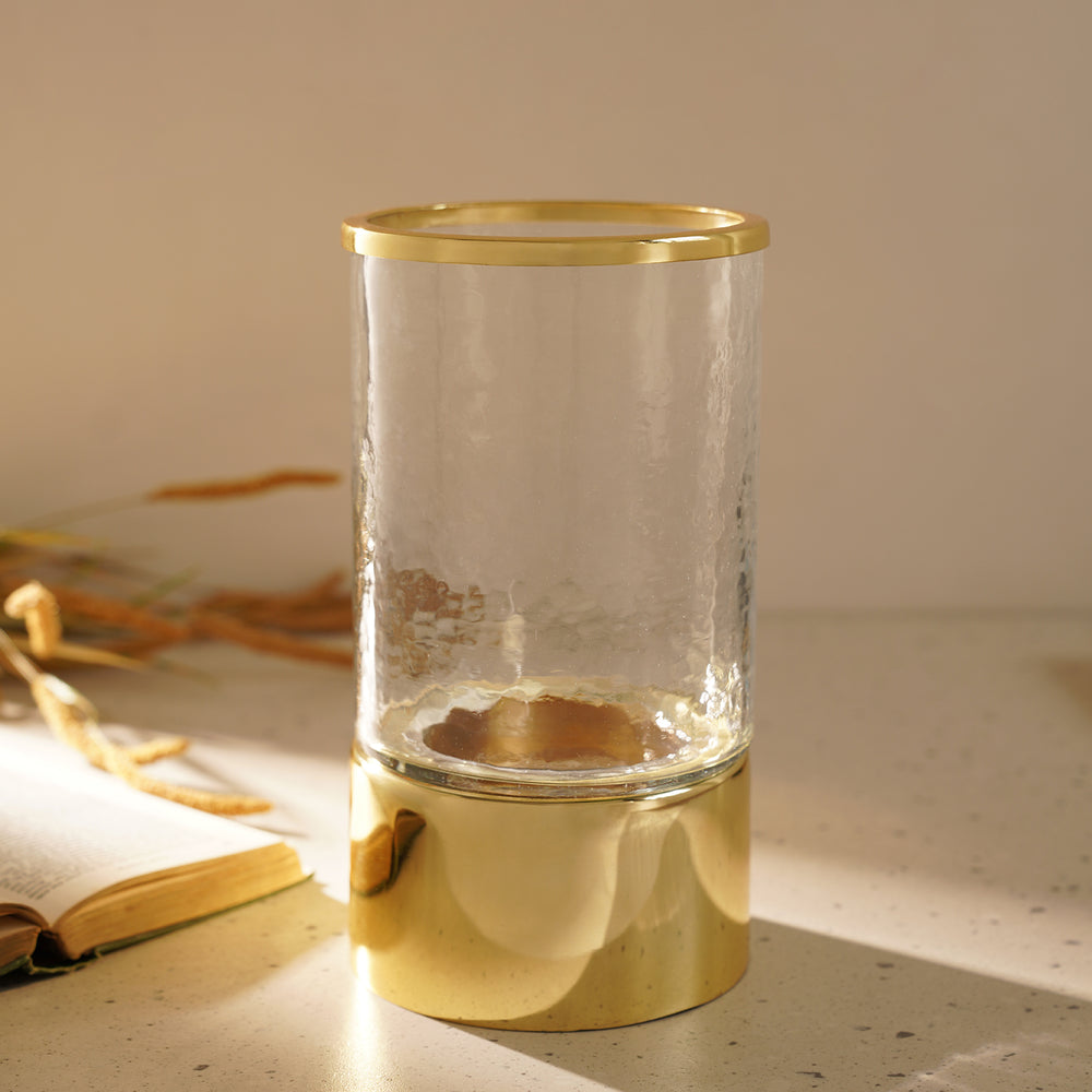 Gold Hammered Glass Votive With Base - Large