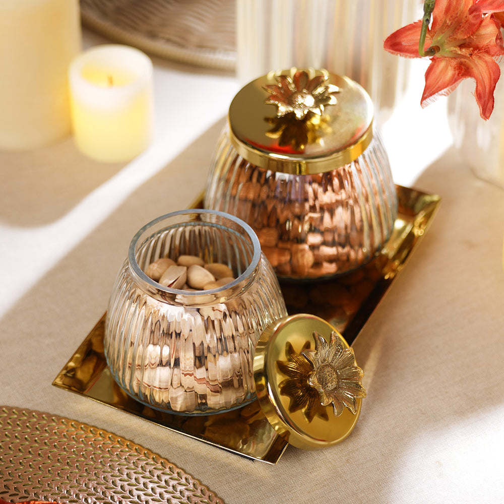 Set of 2 Gold Glass Textured Jars with Tray