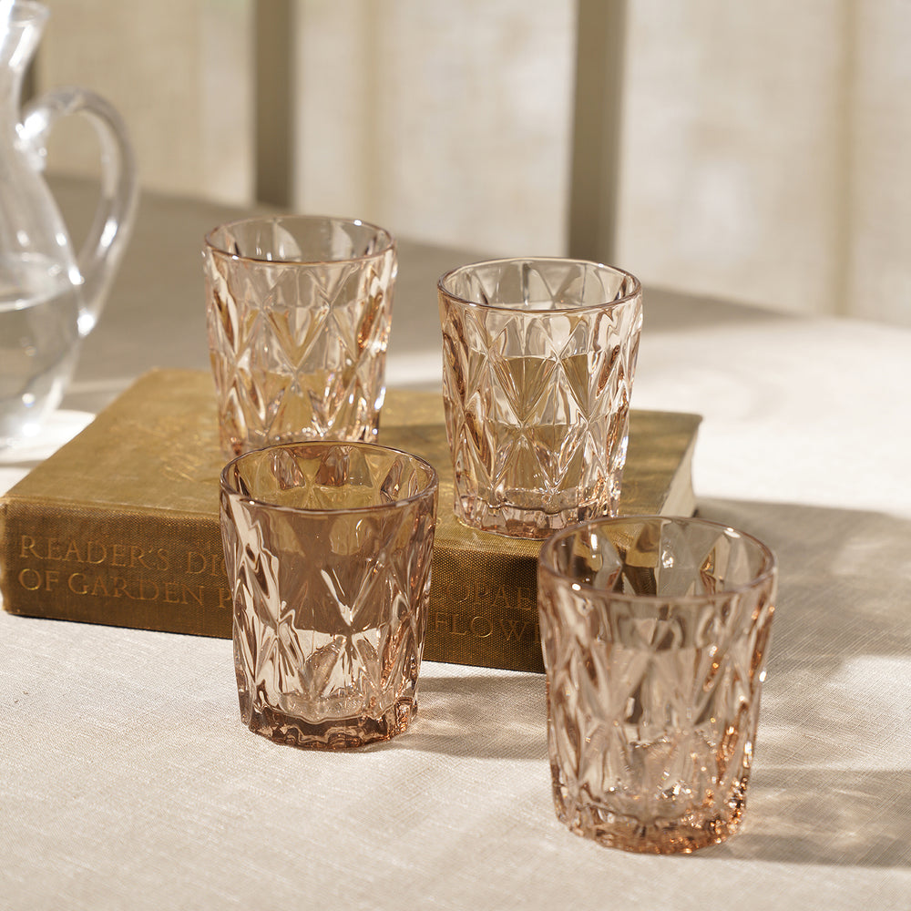 Set of 4 Light Brown Prism Cut Glasses