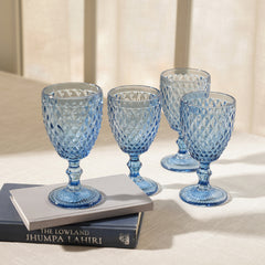 Set Of 4 Blue Diamond Textured Wine Glasses