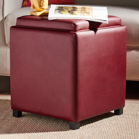 Red Faux Leather Pouffe with Storage