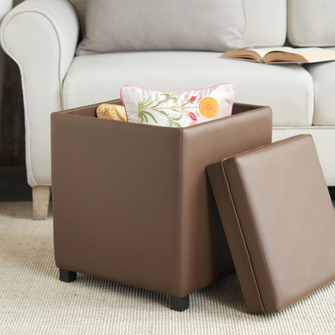 Brown Square Faux Leather Pouffe with Storage