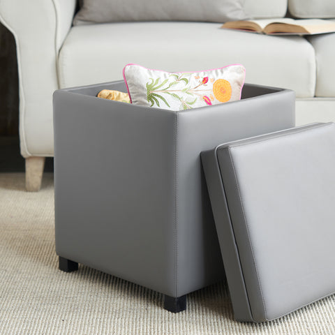 Grey Square Faux Leather Pouffe with Storage
