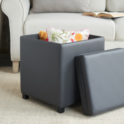 Dark Grey Square Faux Leather Pouffe with Storage