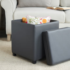 Dark Grey Square Faux Leather Pouffe with Storage