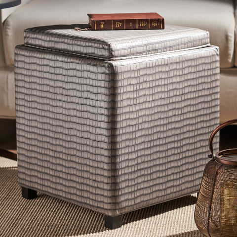 Grey Textured Faux Leather Pouffe with Storage