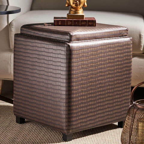 Brown Textured Faux Leather Pouffe with Storage
