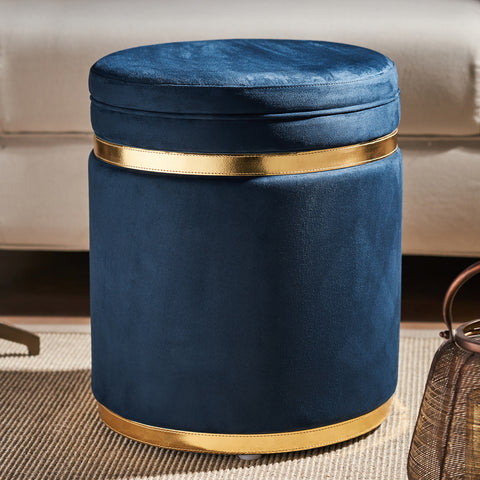 Blue Round Velvet Pouffe with Storage