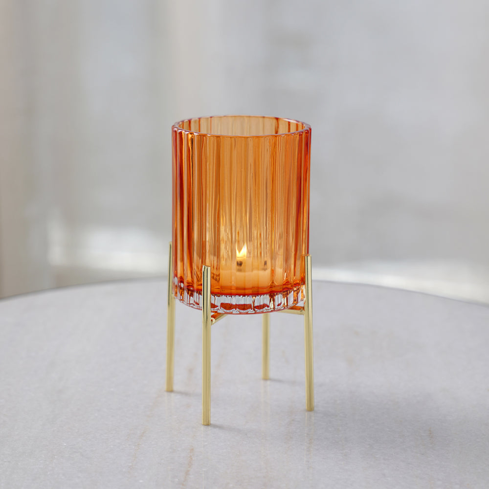 Orange Ribbed Glass Hurricane with Stand - Small