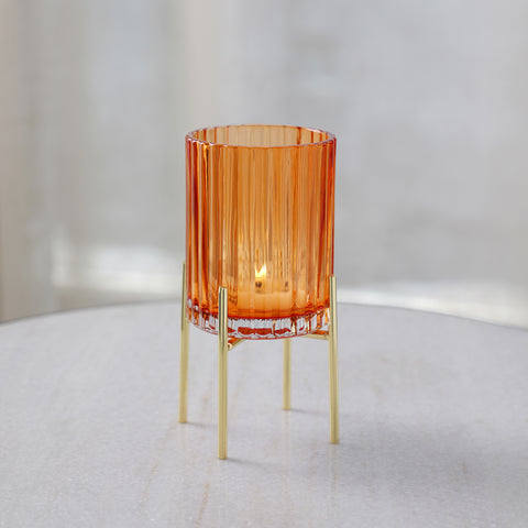 Orange Ribbed Glass Hurricane with Stand - Small