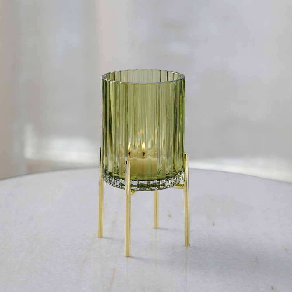Green Ribbed Glass Hurricane with Stand - Small