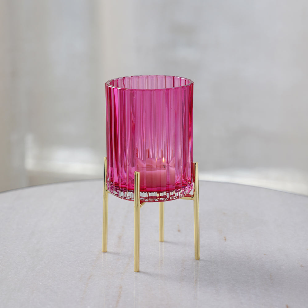Pink Ribbed Glass Hurricane with Stand - Small