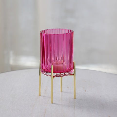 Pink Ribbed Glass Hurricane with Stand - Small