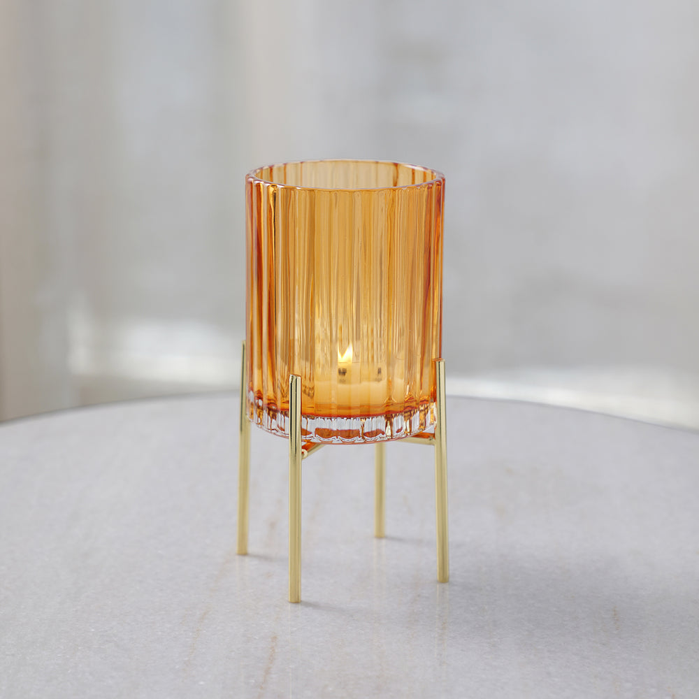 Yellow Ribbed Glass Hurricane with Stand - Small