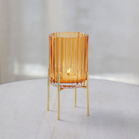 Yellow Ribbed Glass Hurricane with Stand - Small