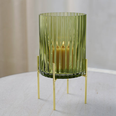 Green Ribbed Glass Hurricane with Stand - Large