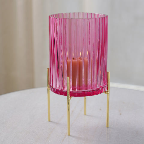Pink Ribbed Glass Hurricane with Stand - Large