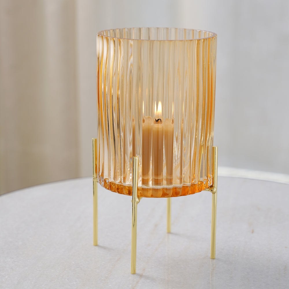 Yellow Ribbed Glass Hurricane with Stand - Large