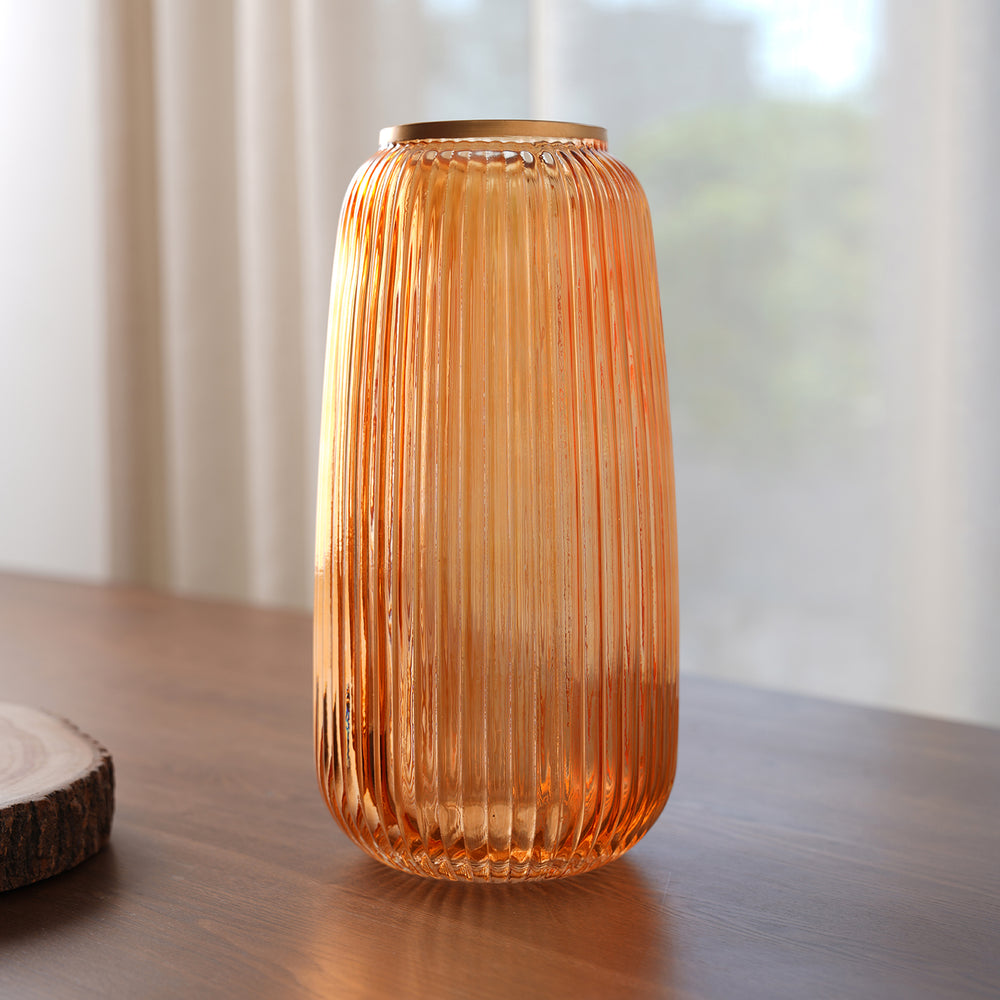 Orange Ribbed Glass Vase - Medium