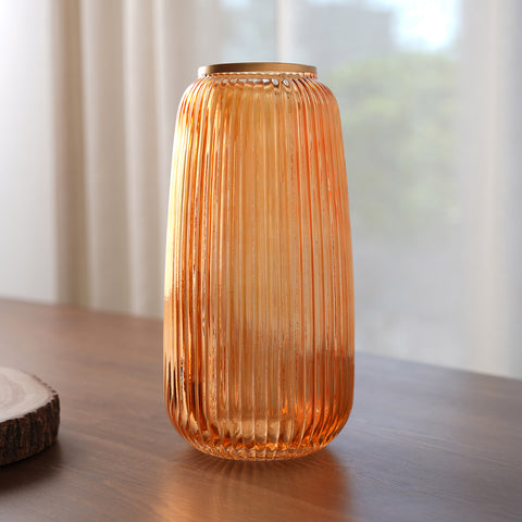 Orange Ribbed Glass Vase - Medium