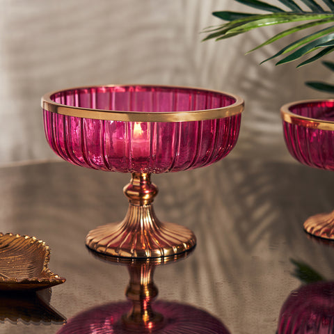Pink Ribbed Glass Decorative Bowl with Stand - Large