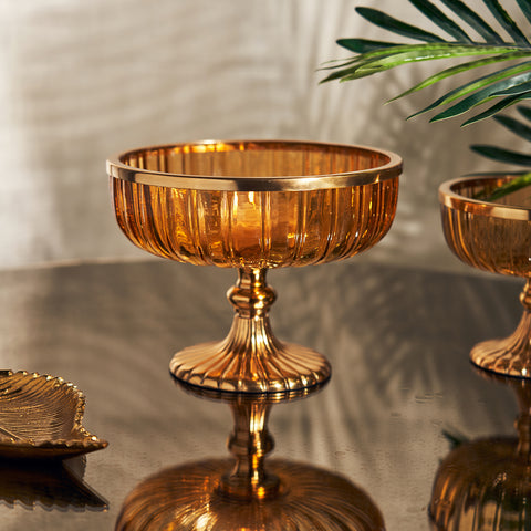Orange Ribbed Glass Decorative Bowl with Stand - Large