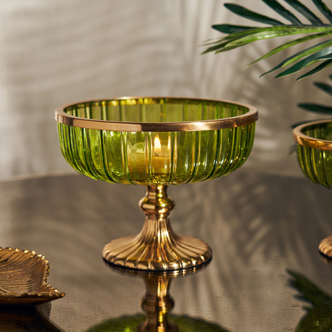 Green Ribbed Glass Decorative Bowl with Stand - Large