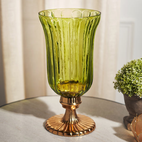 Green Ribbed Glass Hurricane - Large