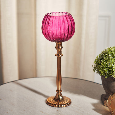 Pink Tall Ribbed Votive Holder with Stand - Large