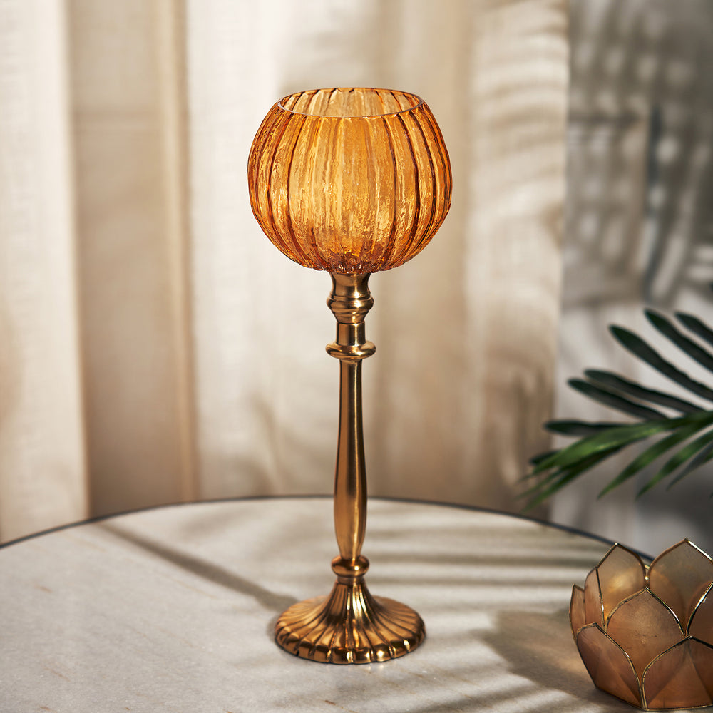Orange Tall Ribbed Votive Holder with Stand - Large