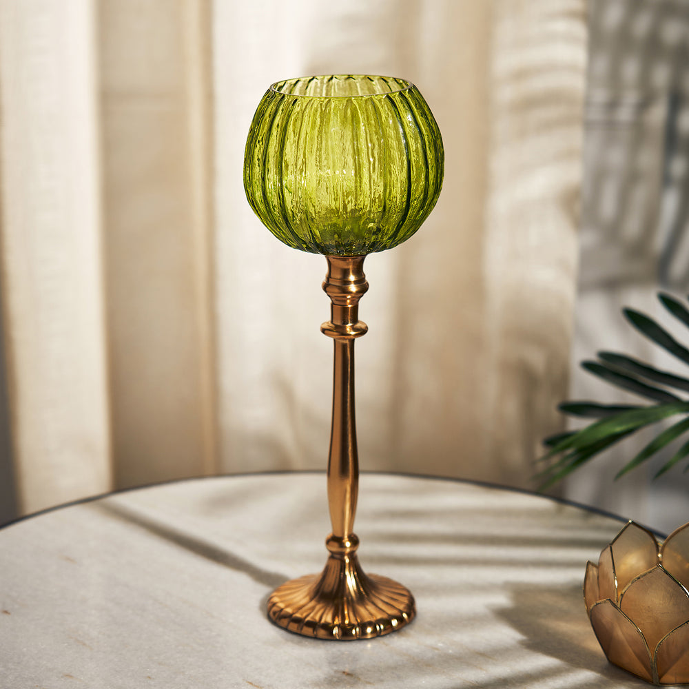 Green Tall Ribbed Votive Holder with Stand - Large