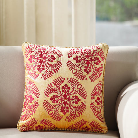 Yellow  Embroidered Cushion Cover with Satin Twisted Dori