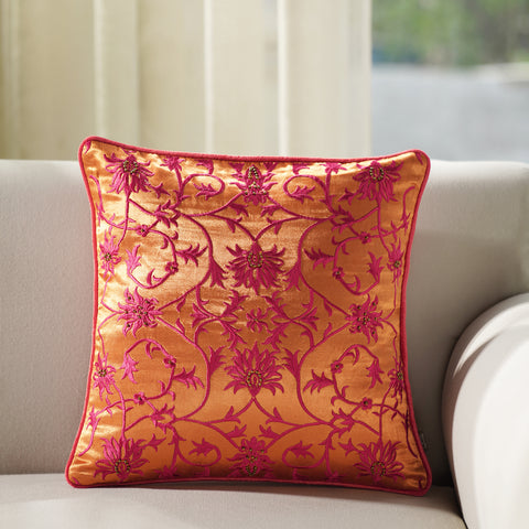 Orange Floral Embroidered Cushion Cover with Satin Dori