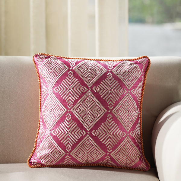 Pink Embroidered Cushion Cover with Satin Twisted Dori