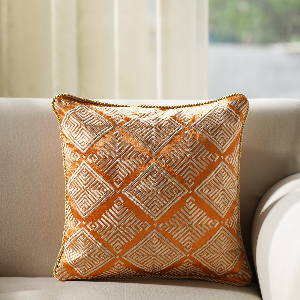 Orange Geometric Embroidered Square Cushion Cover