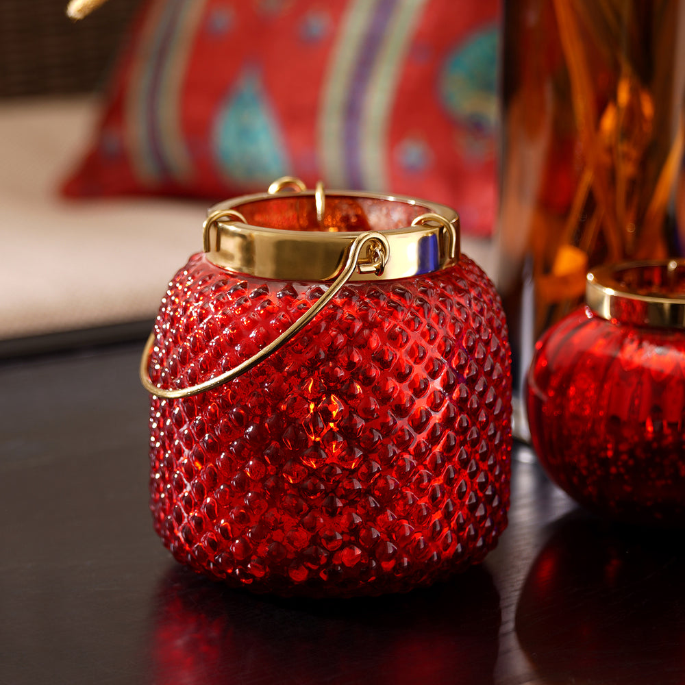 Red Dotted Glass Tea Light Holder