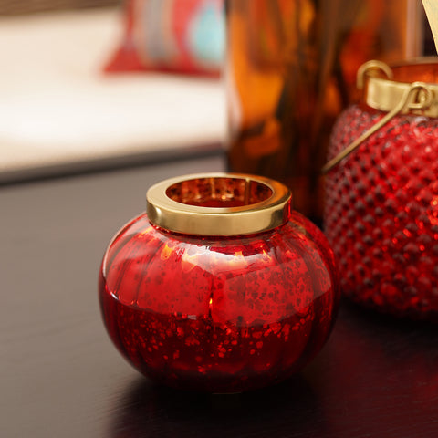 Red Round Optic Glass Tea Light Holder