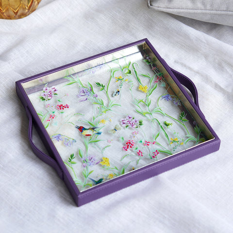 Purple Floral Print Square Faux Leather Tray