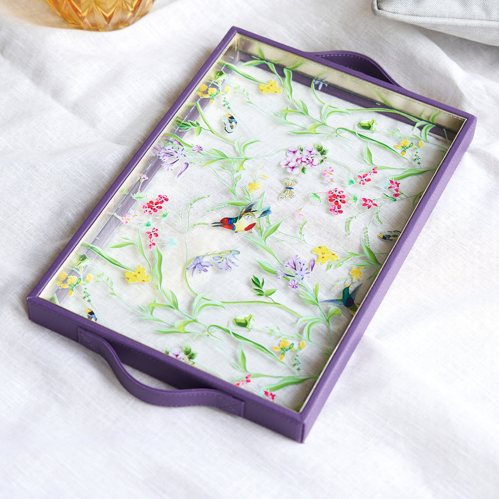 Purple Floral Print Rectangle Faux Leather Tray