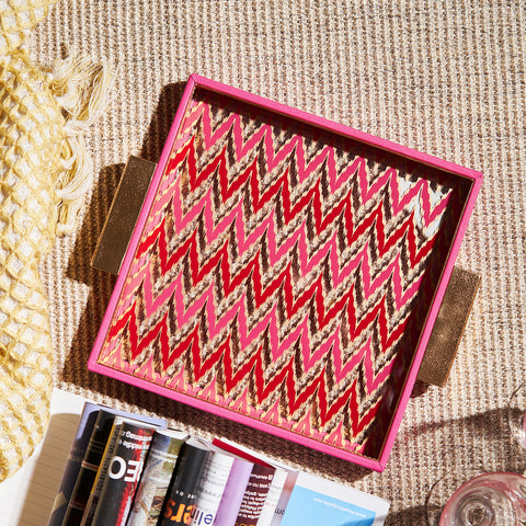 Pink Glass Printed Square Faux Leather Tray