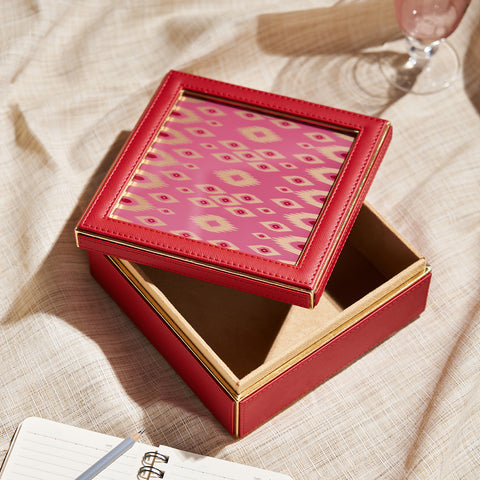 Red Glass Printed Square Faux Leather Box with Lid